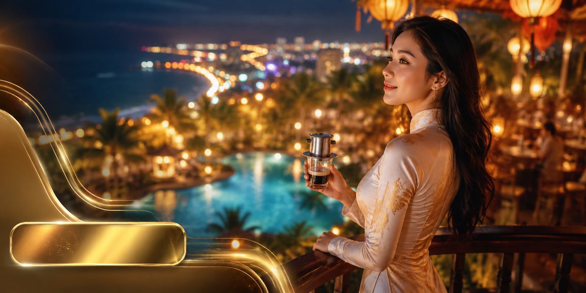 Phụ nữ mặc áo dài tại Mũi Né trải nghiệm casino trực tuyến trên điện thoại bên bờ biển